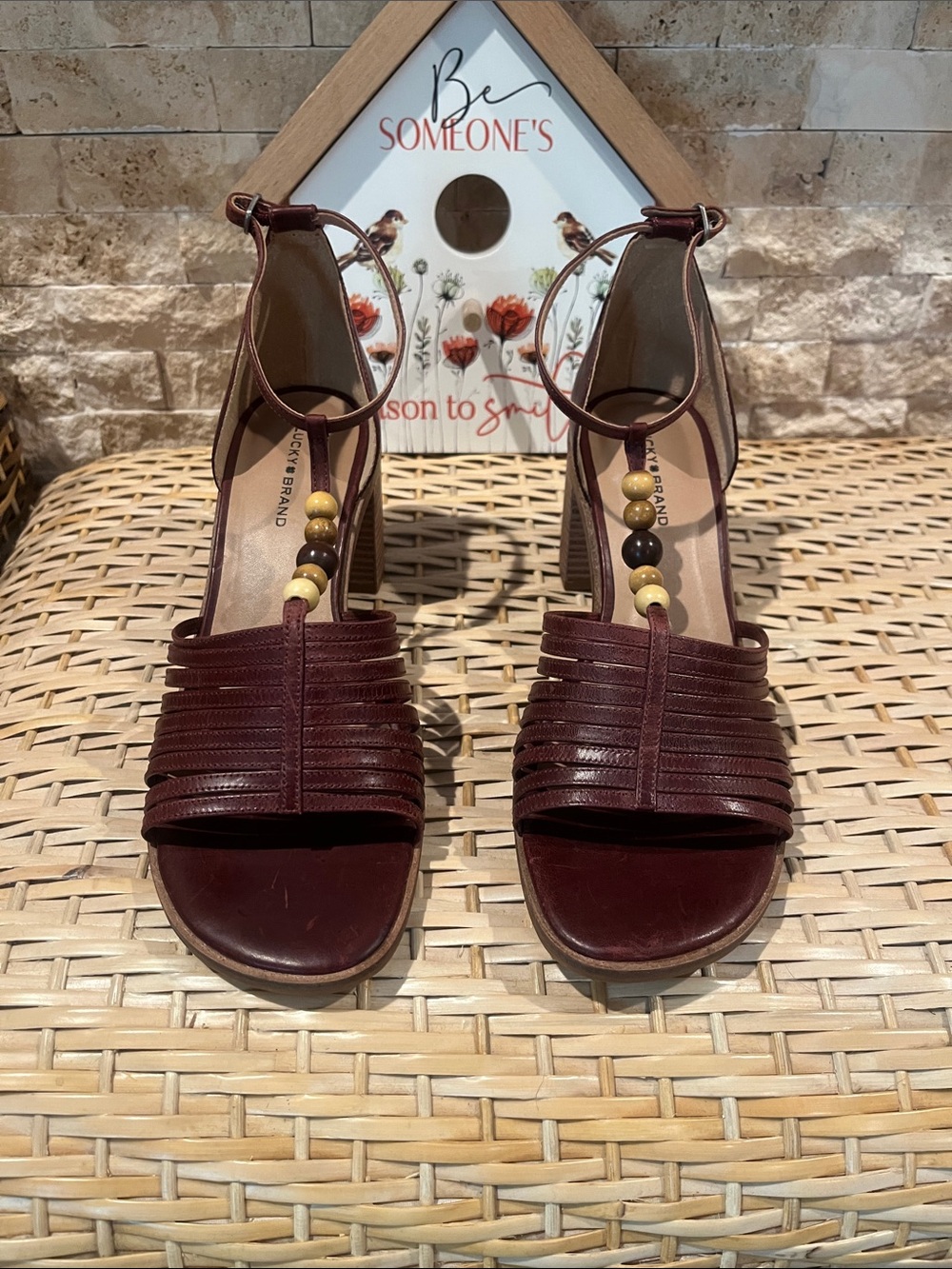 Lucky Brand Women's Burgundy Beaded T-Strap Heels